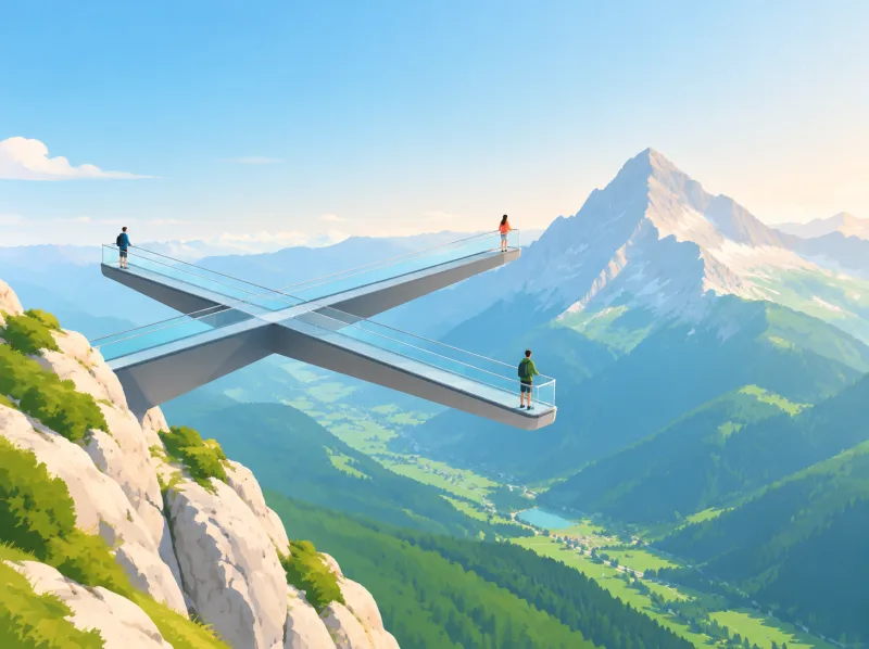 Illustration of the AlpspiX platform: two steel walkways crossing in an X above a deep valley, the Alpspitze behind