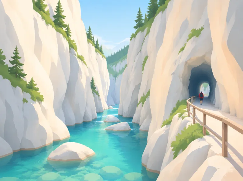 Illustration of the Höllental gorge: a turquoise stream between steep rock walls and a path through a rock tunnel