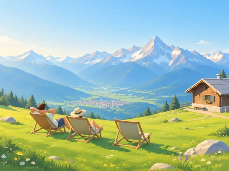 Illustration of sun loungers on the Wank summit meadow with a mountain hut and the Wetterstein range across the valley